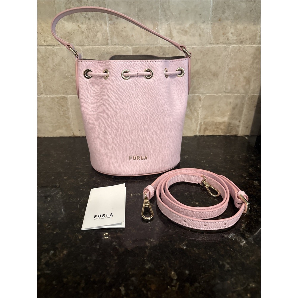 FURLA Leather Crossbody Handle Bucket Bag Pink Quartz Preppy Italy BRAND NEW